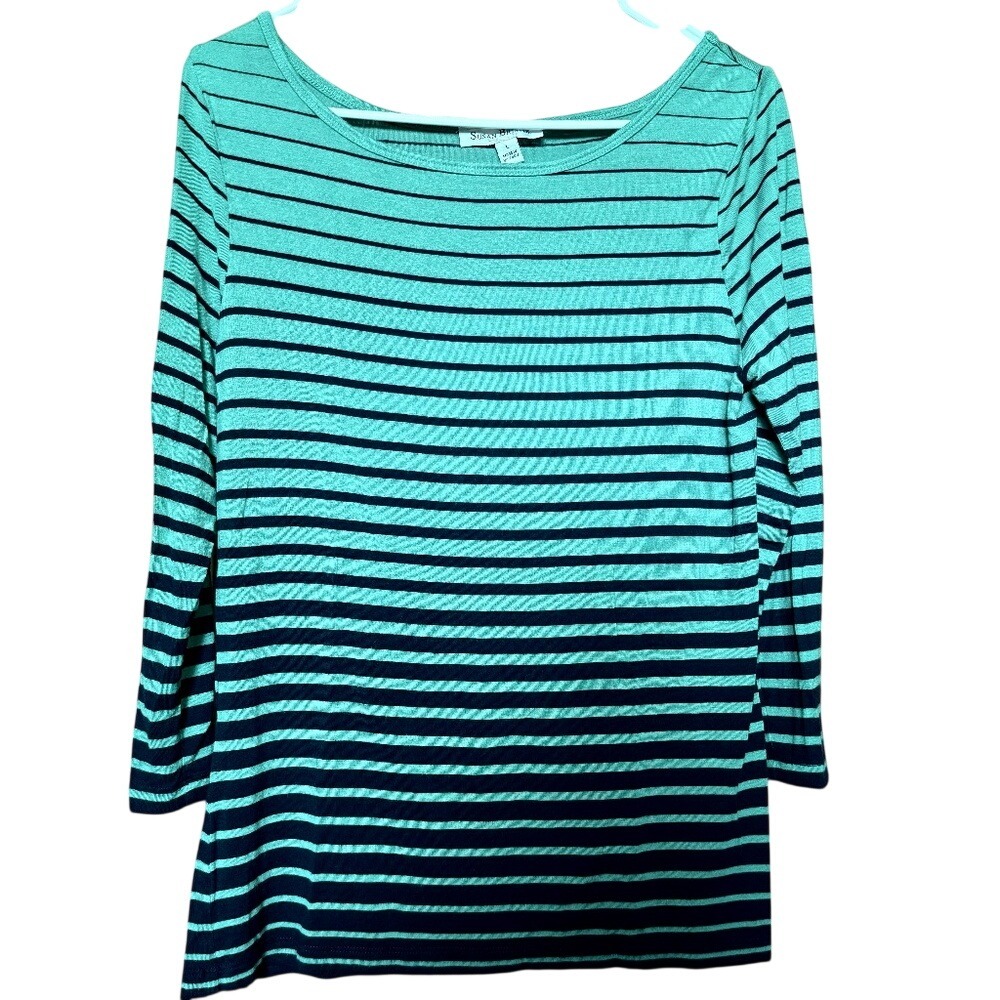 Susan Graver Liquid Knit Striped Boat Neck Top Teal Navy Blue 3/4 Sleeve Large